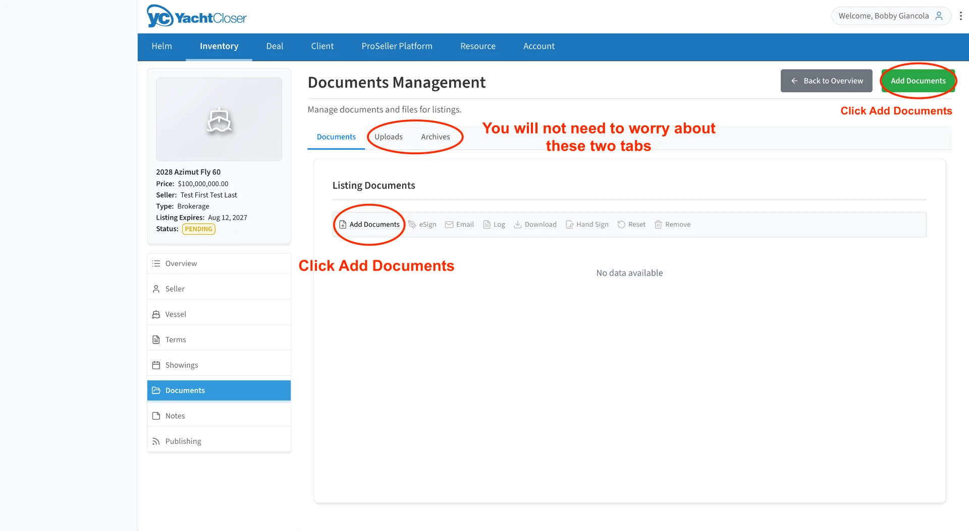 Documents Management screen with Add Documents highlighted