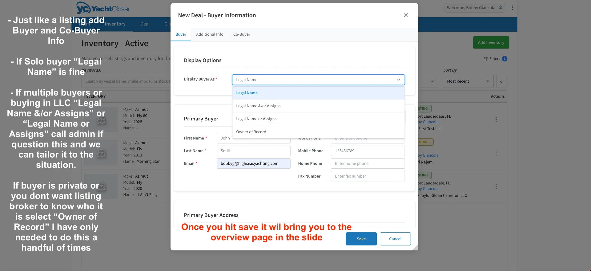 Display Buyer As dropdown showing Legal Name, Legal Name and/or Assigns, Legal Name or Assigns, Owner of Record