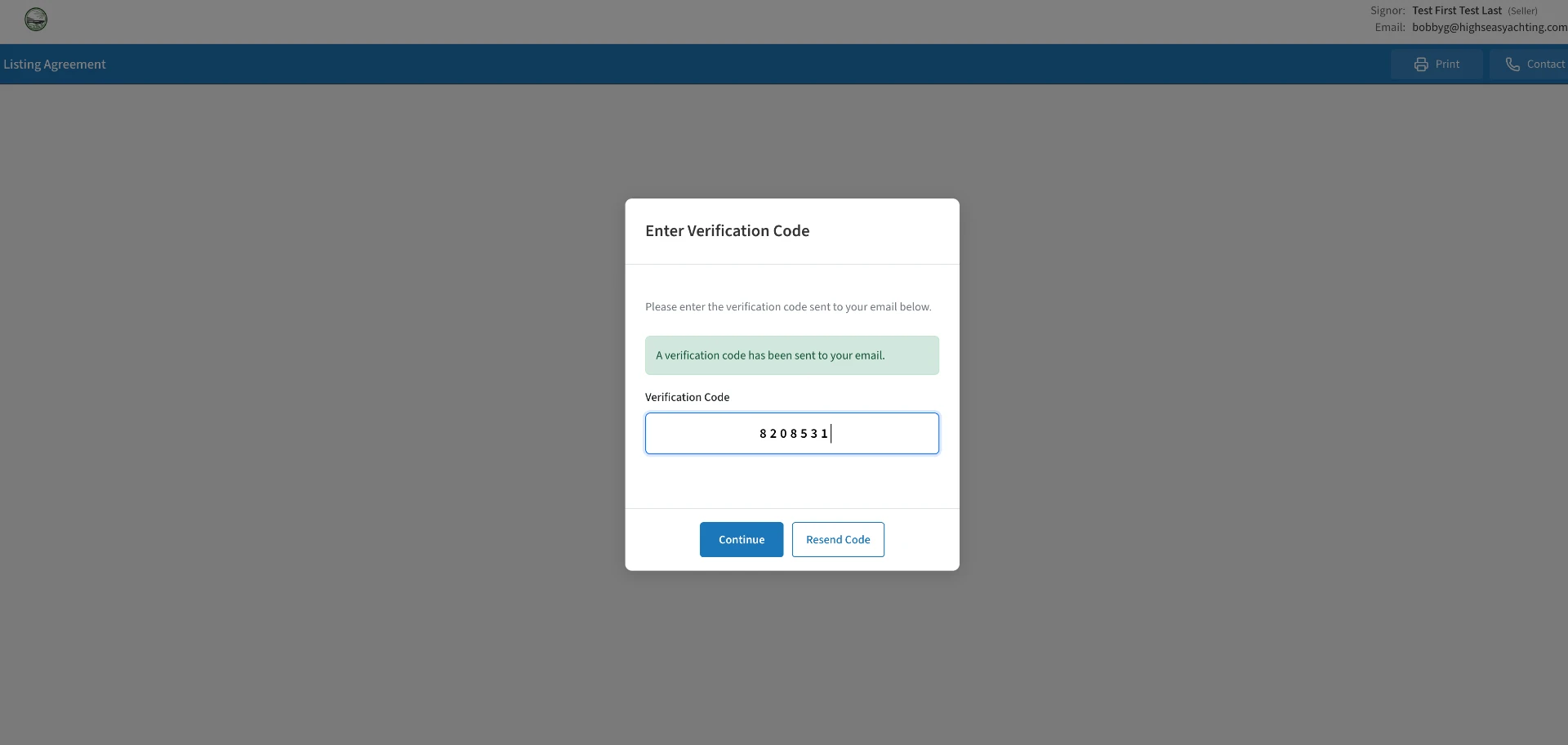 Enter Verification Code screen
