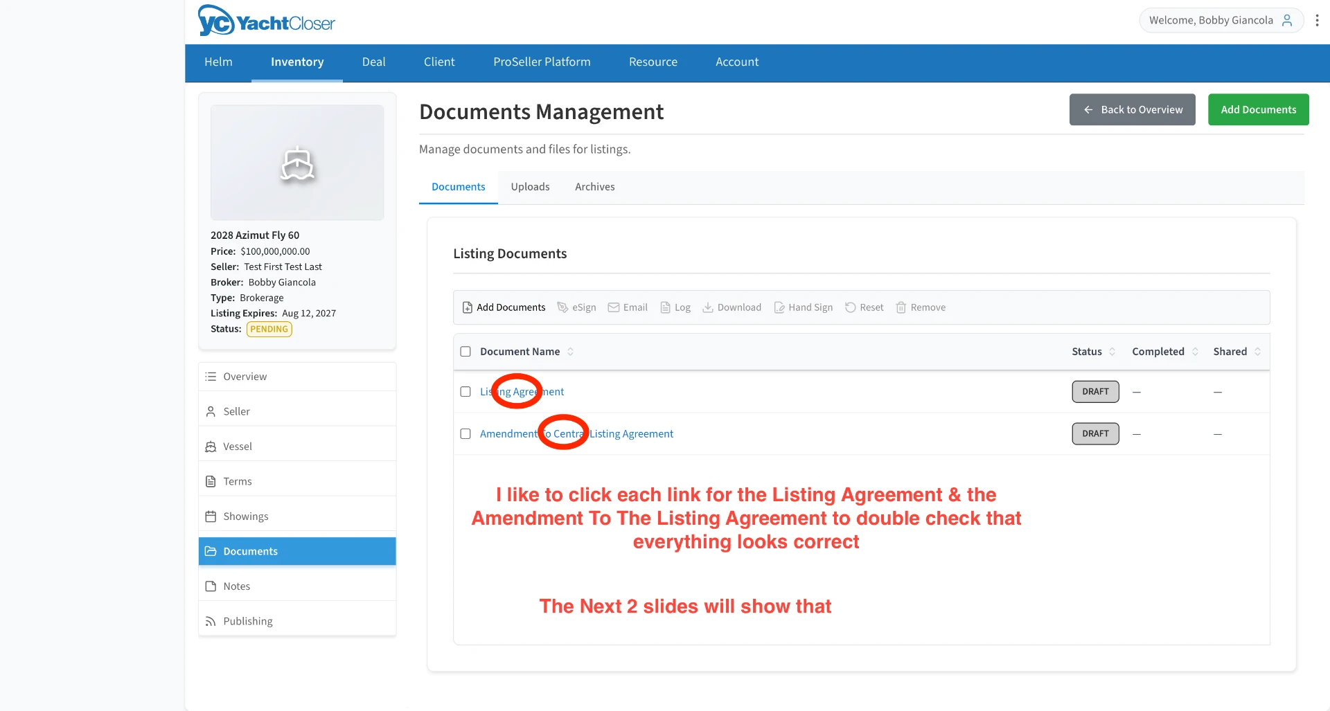 Listing documents in DRAFT status with document name links circled
