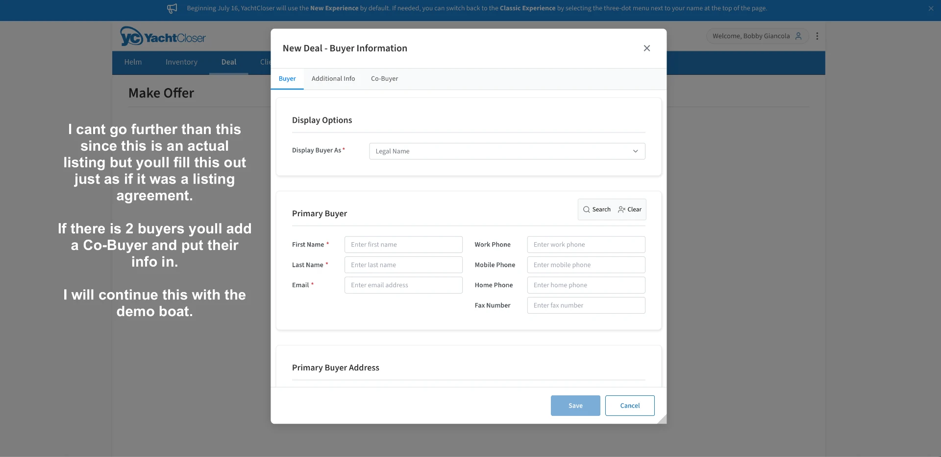 New Deal Buyer Information dialog with Buyer, Additional Info, and Co-Buyer tabs