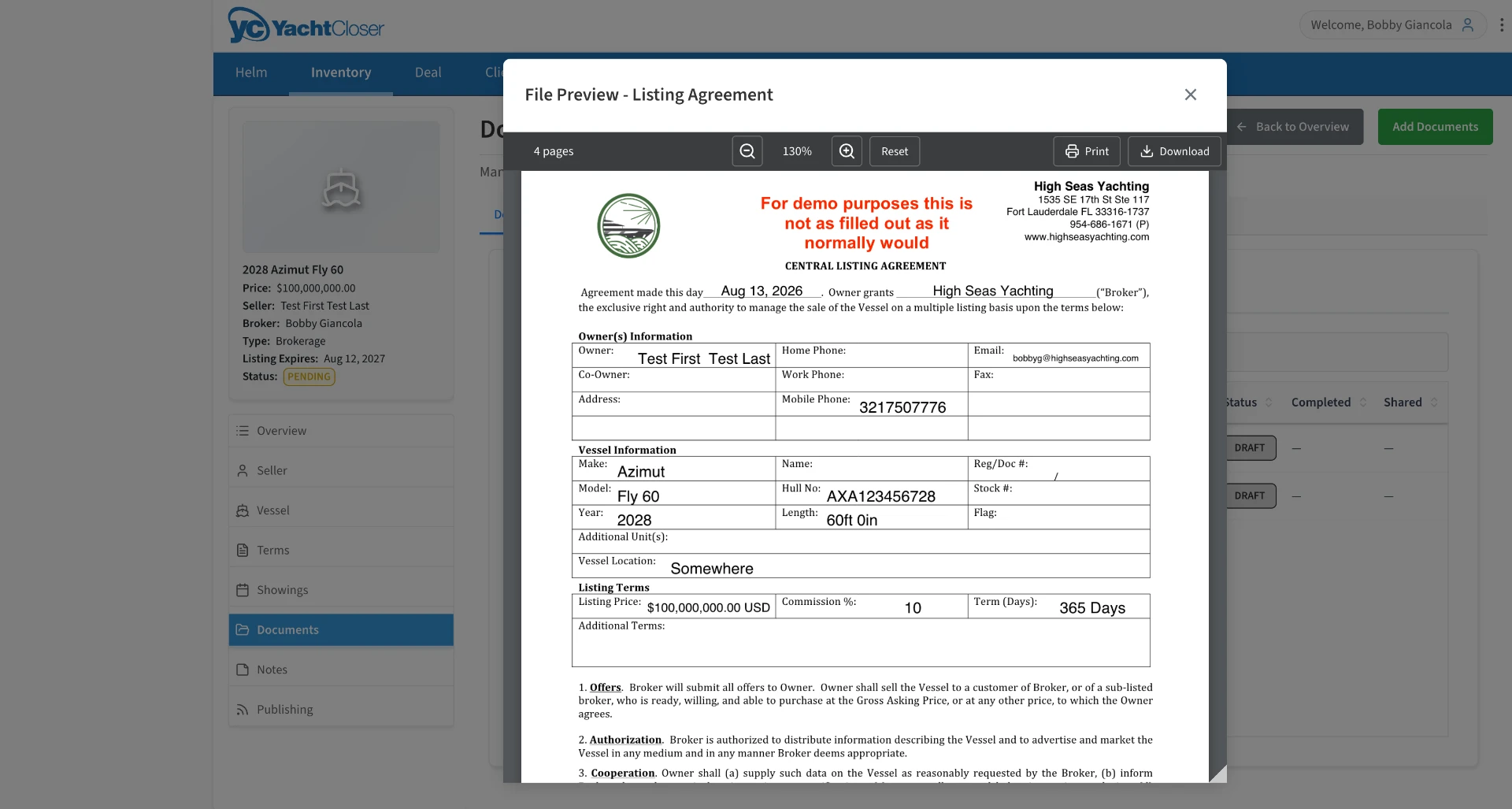 File preview of the Central Listing Agreement on High Seas Yachting letterhead