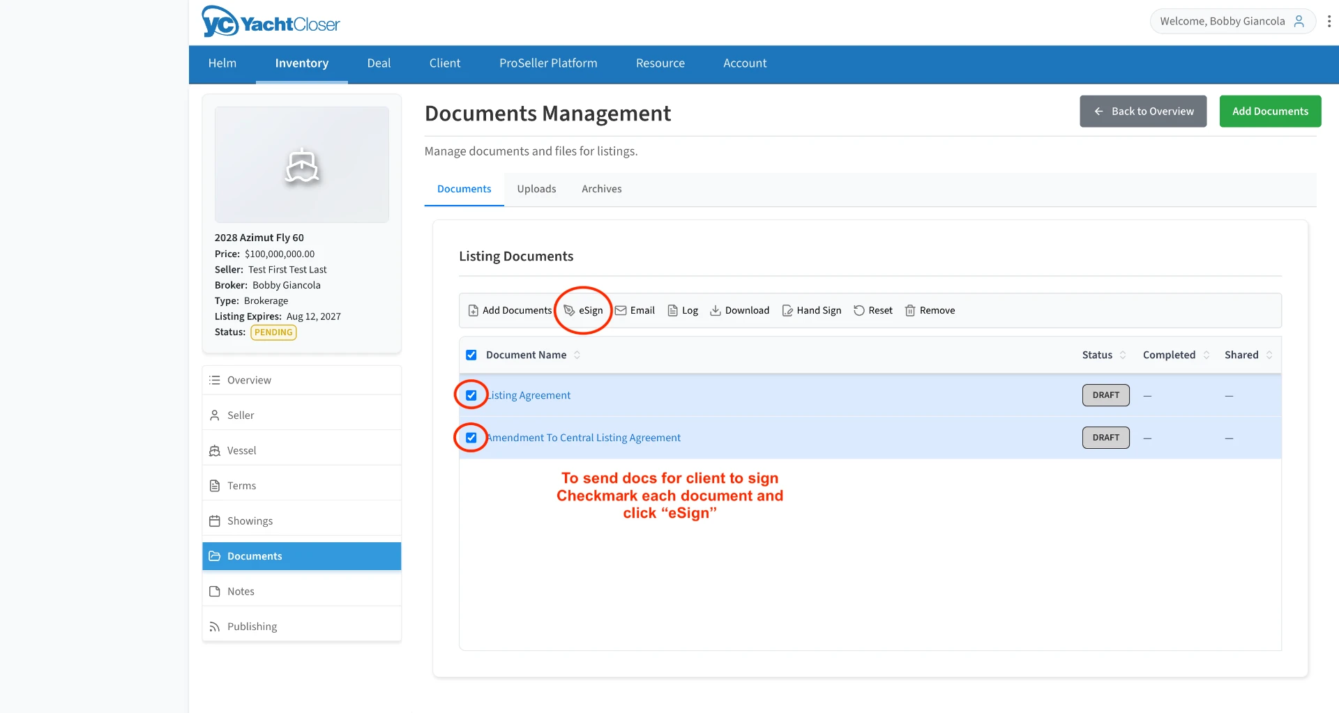 Documents list with both documents checked and the eSign button highlighted