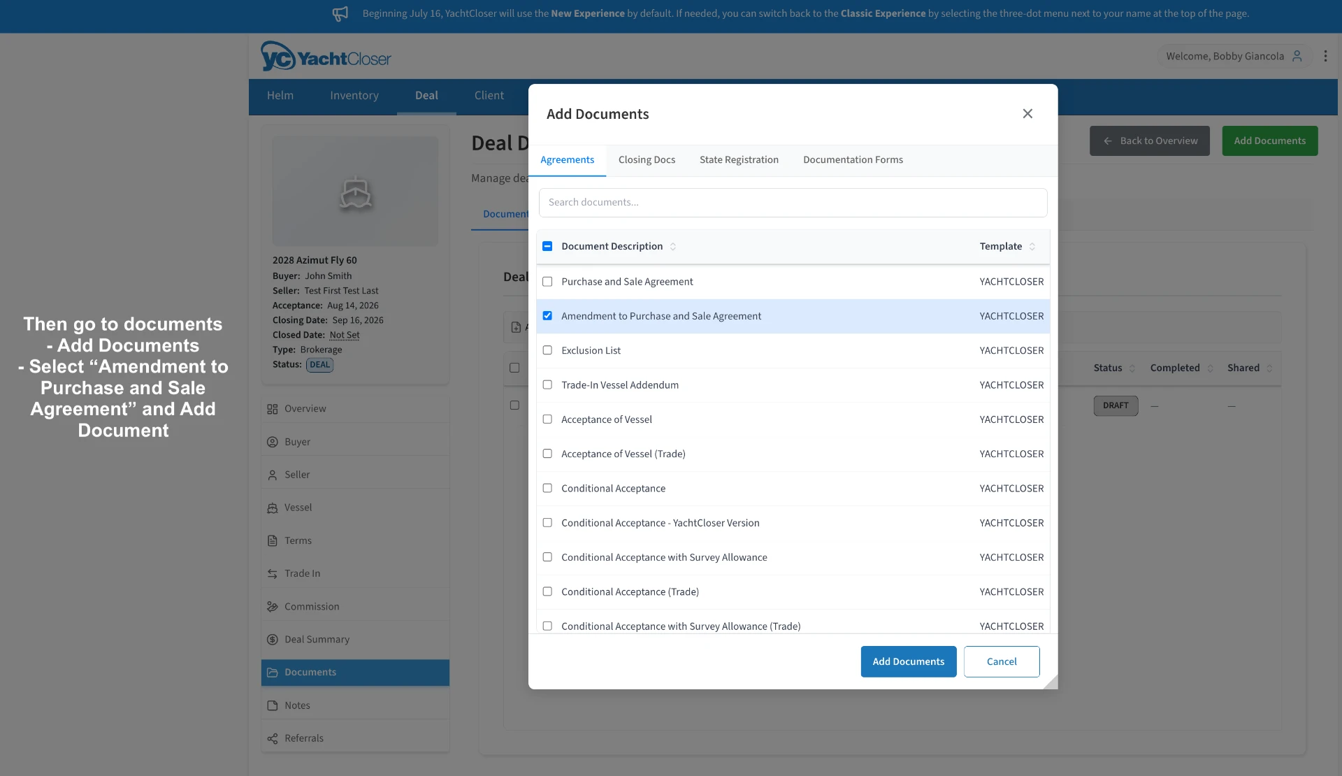 Add Documents dialog with Amendment to Purchase and Sale Agreement checked