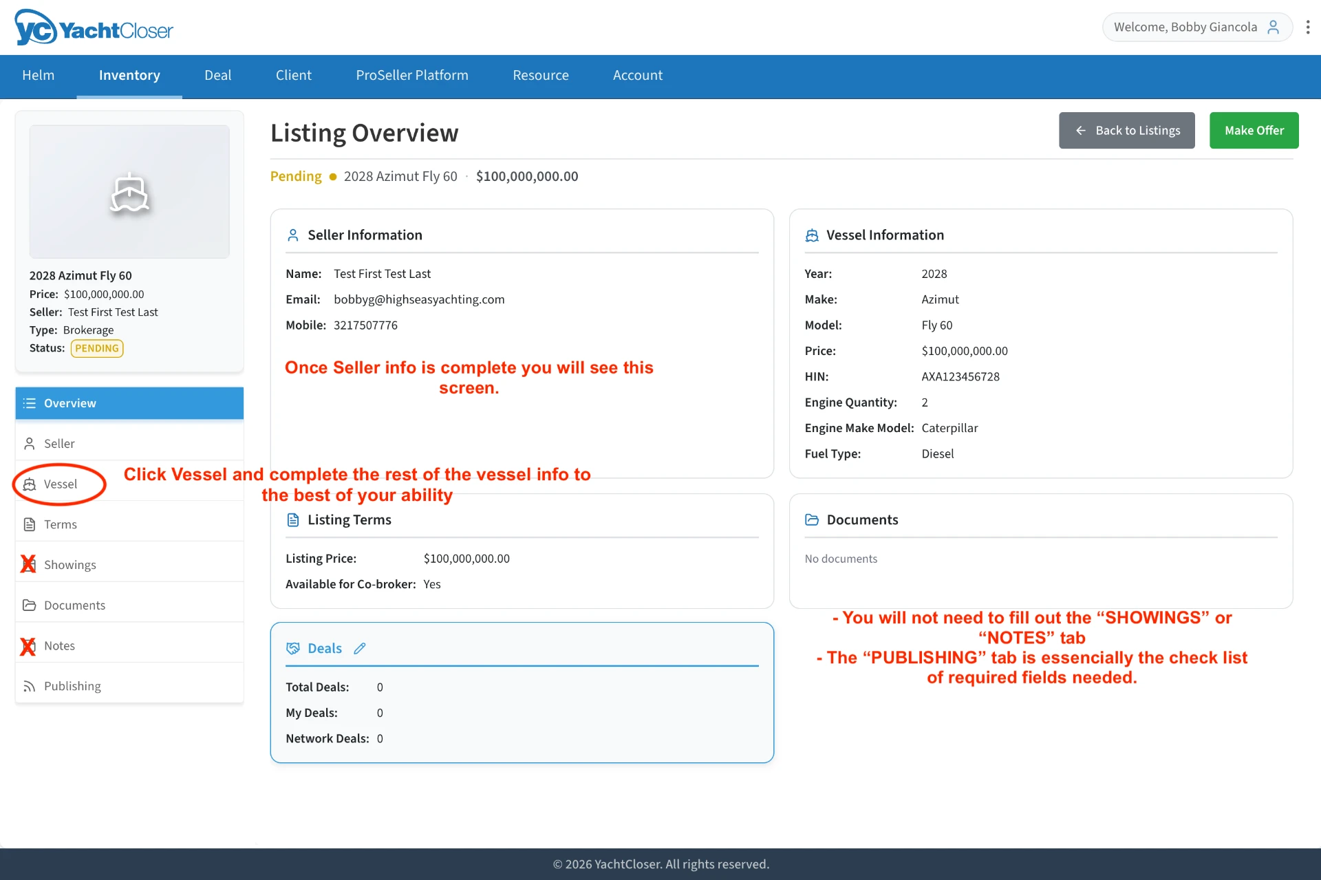 Listing Overview screen with the Vessel tab highlighted in the left rail