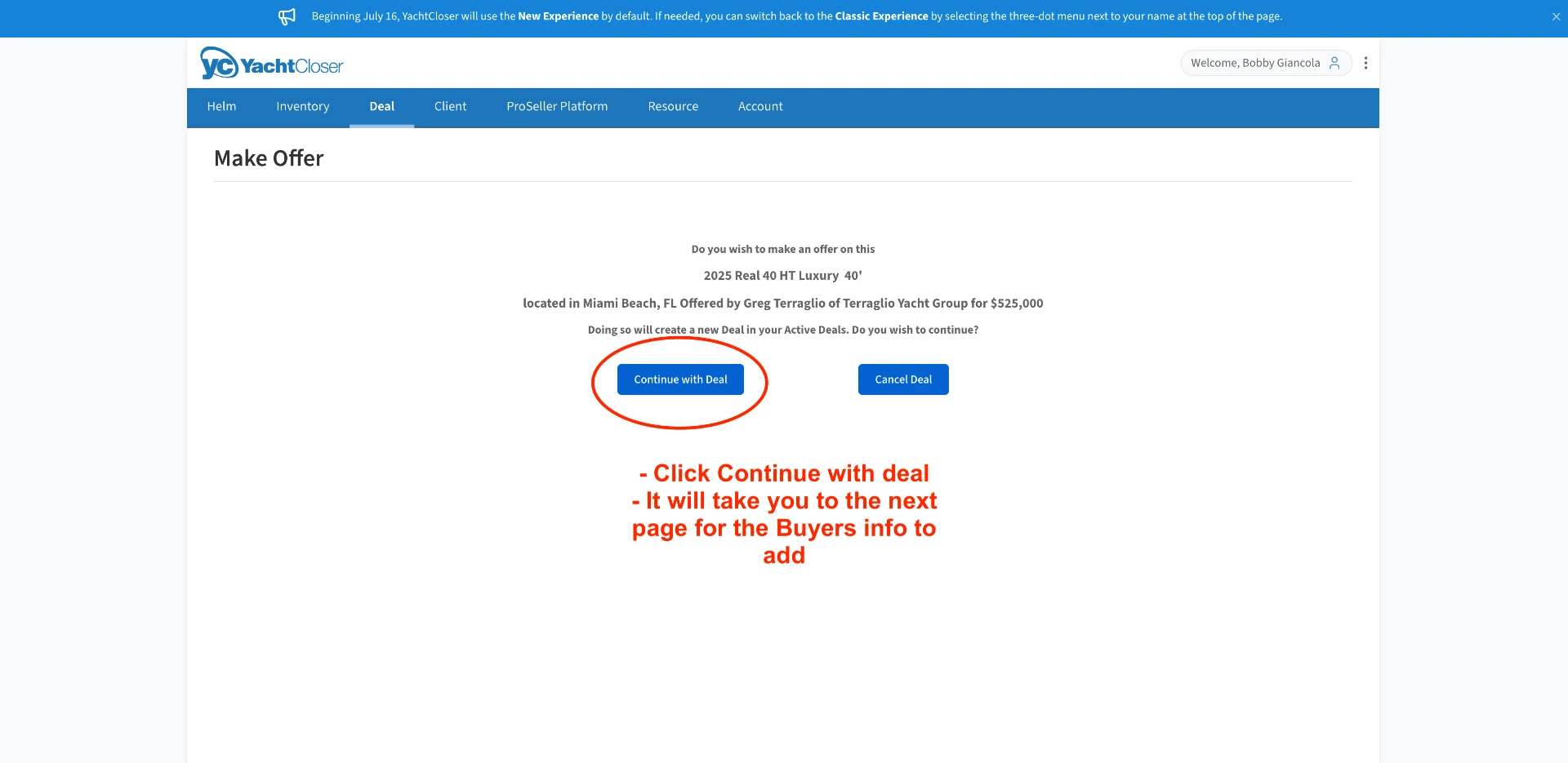 YachtCloser Make Offer confirmation screen with Continue with Deal highlighted