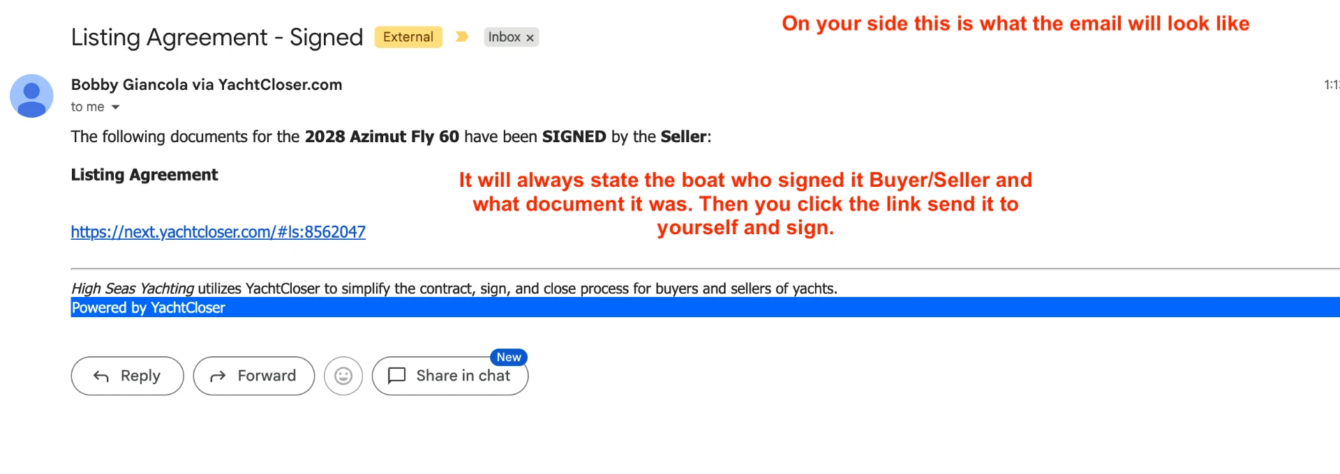 Email notifying that the listing agreement was signed by the seller