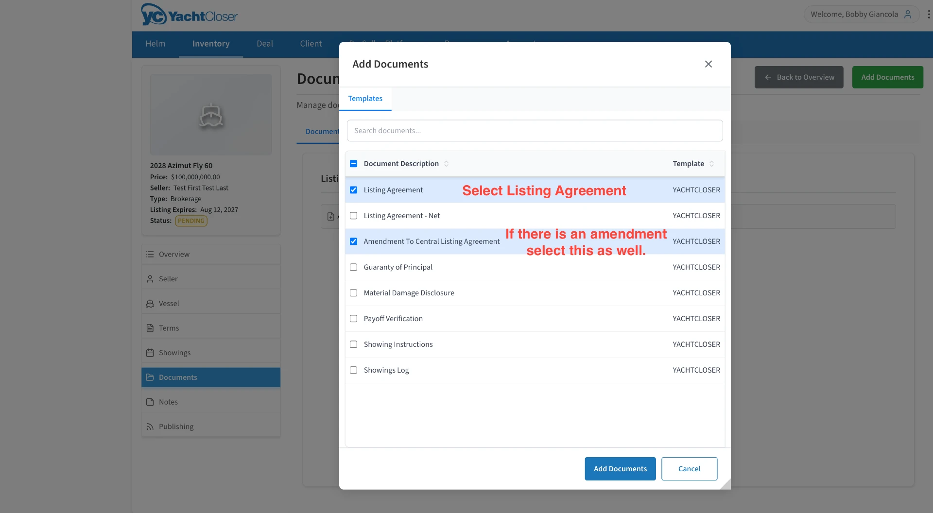 Add Documents template picker with Listing Agreement and Amendment selected