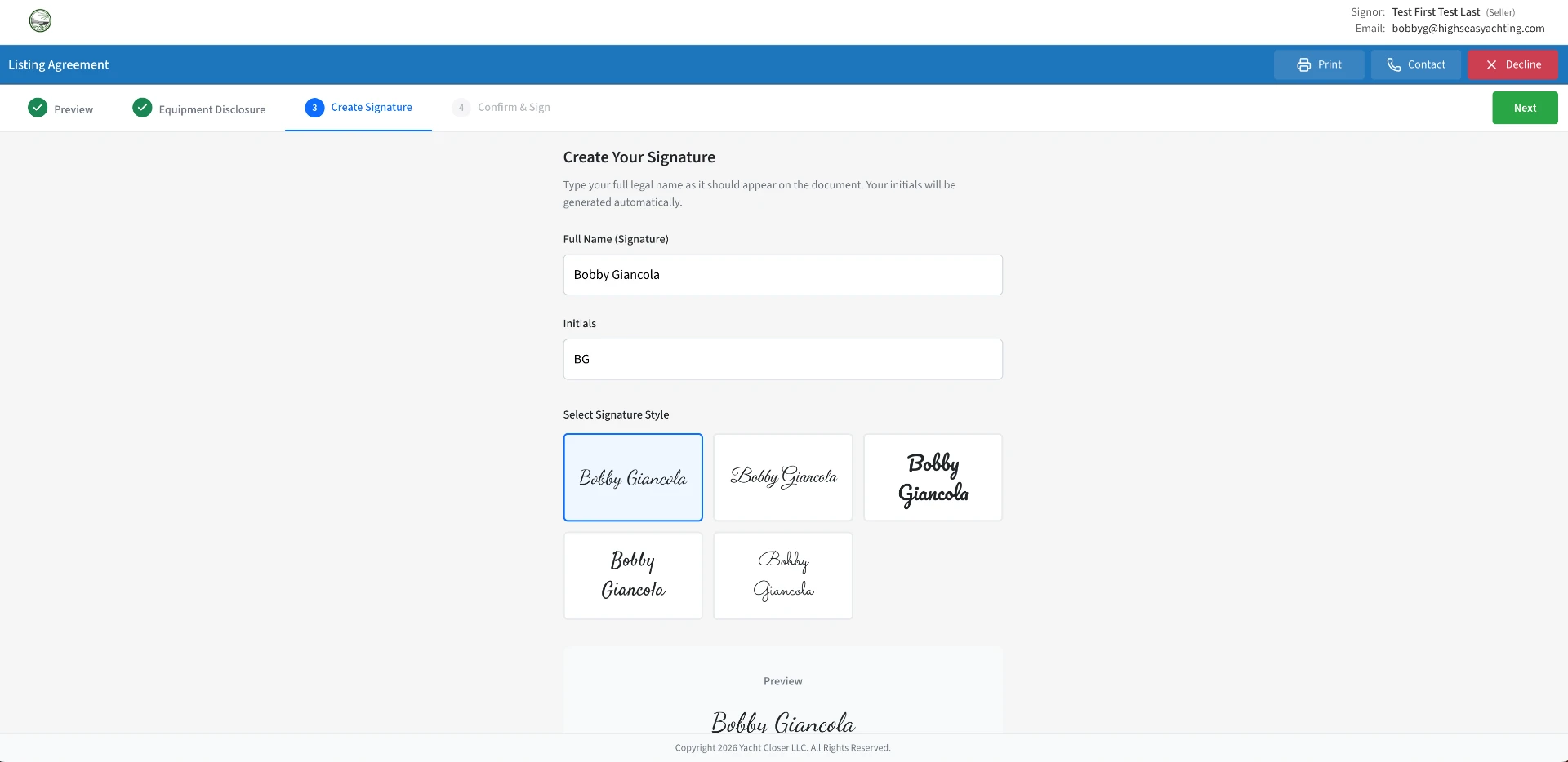 Signing step 3 Create Your Signature with style options