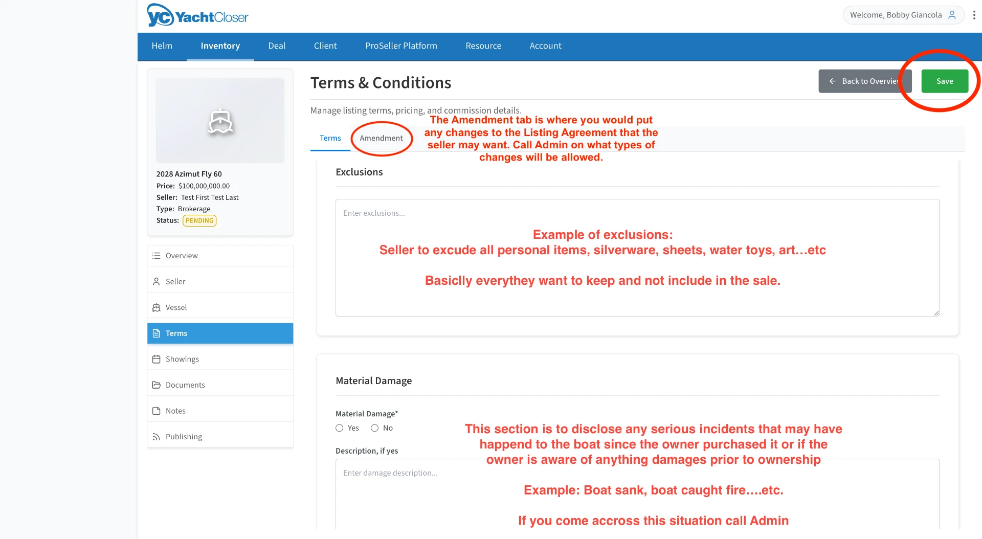 Amendment tab with Exclusions and Material Damage sections annotated