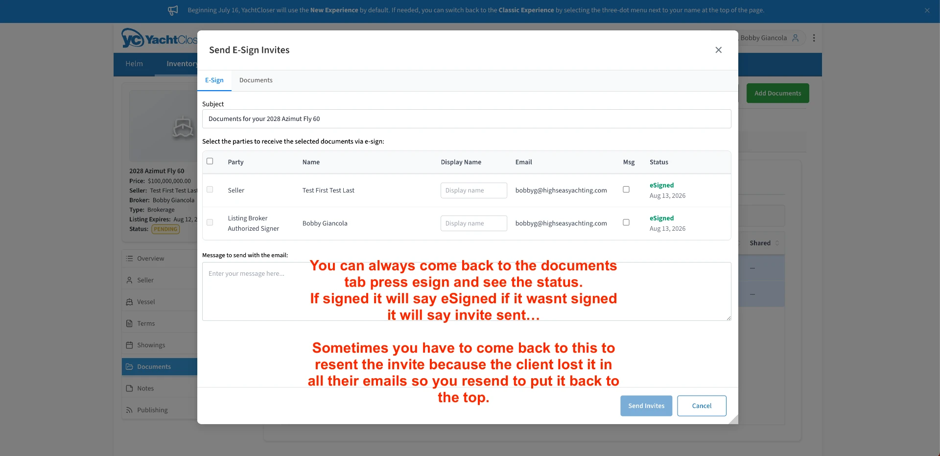 eSign dialog showing both parties eSigned with dates