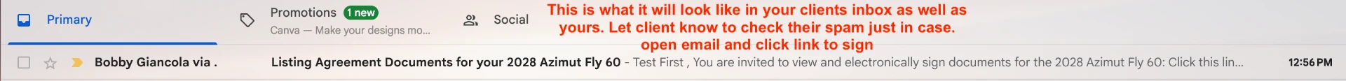 Gmail inbox row showing the listing agreement e-sign email