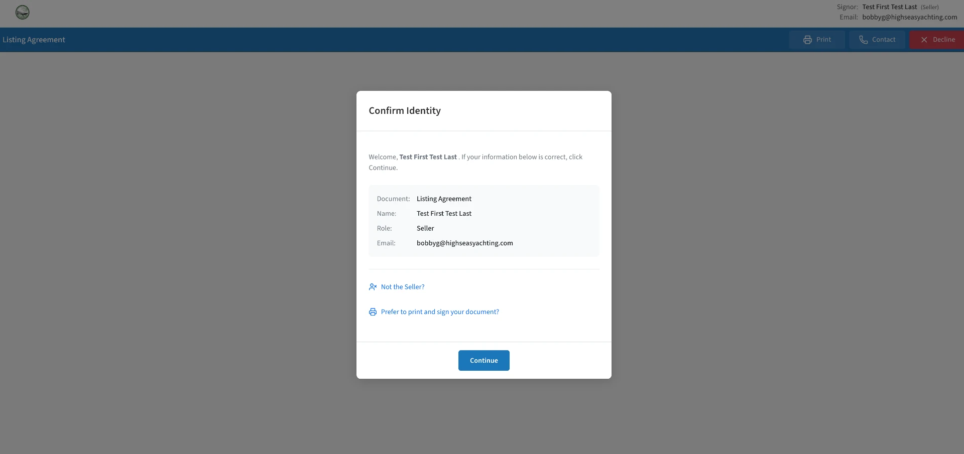 Confirm Identity screen showing document, name, role and email