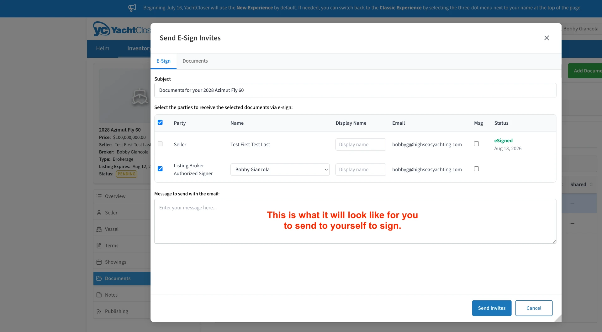 Send E-Sign Invites with the seller eSigned and Listing Broker Authorized Signer checked