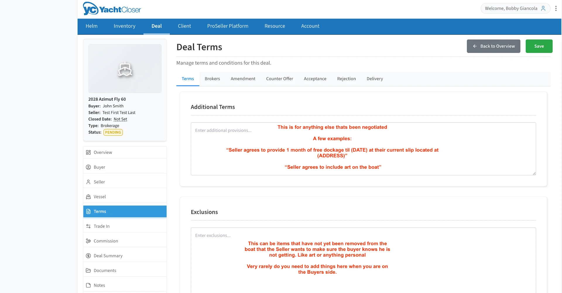 Additional Terms and Exclusions text areas on the Deal Terms page
