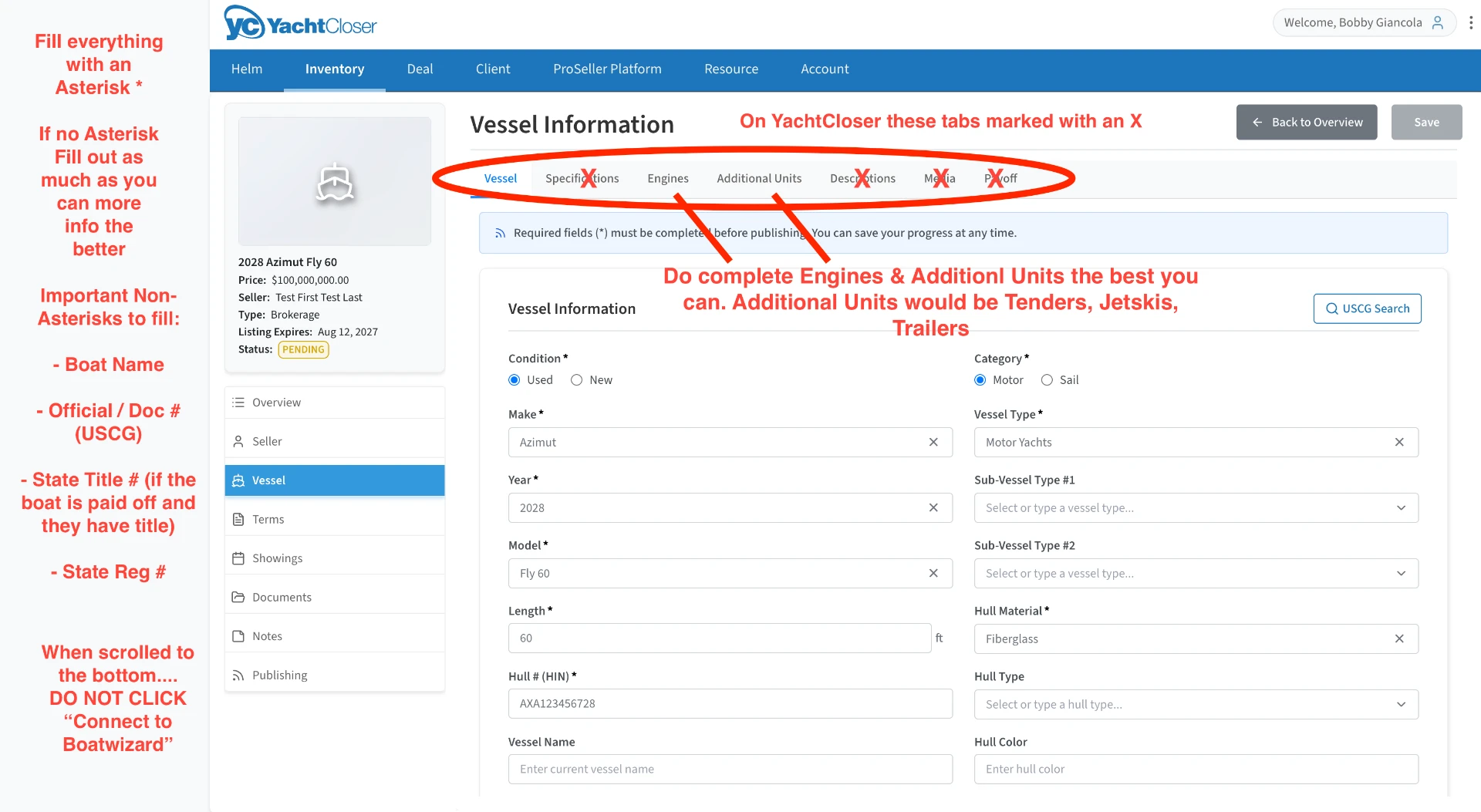 Vessel Information screen with tab guidance and required fields annotated