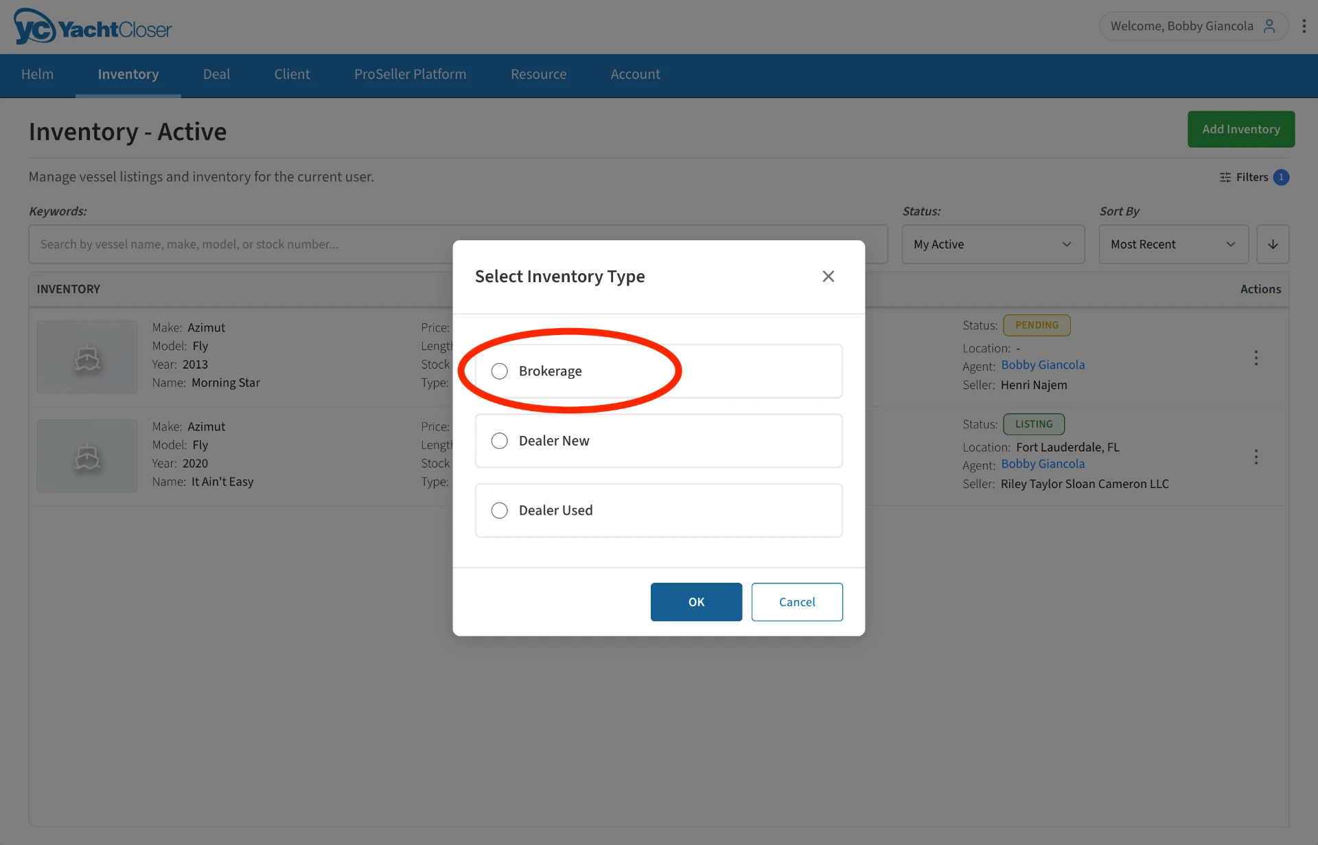 Select Inventory Type dialog with Brokerage selected