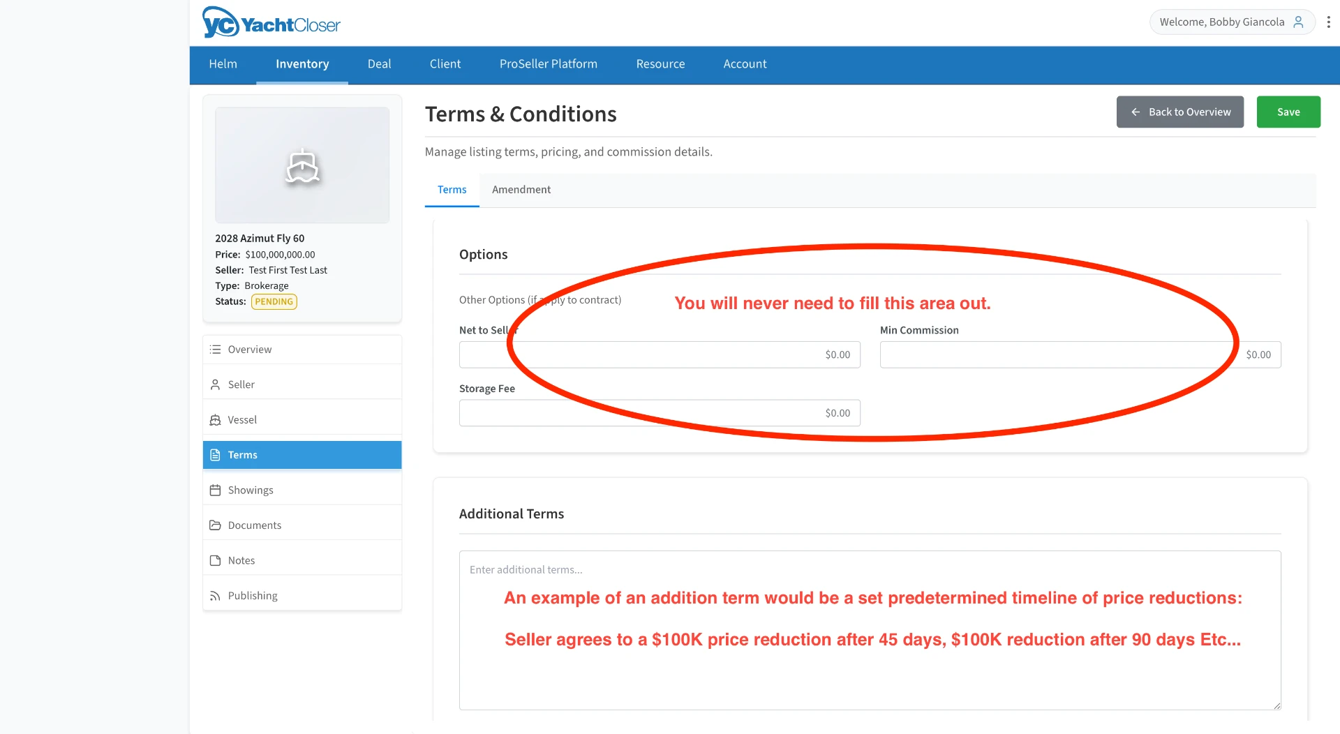 Terms Options section with Net to Seller, Min Commission and Storage Fee circled as unused