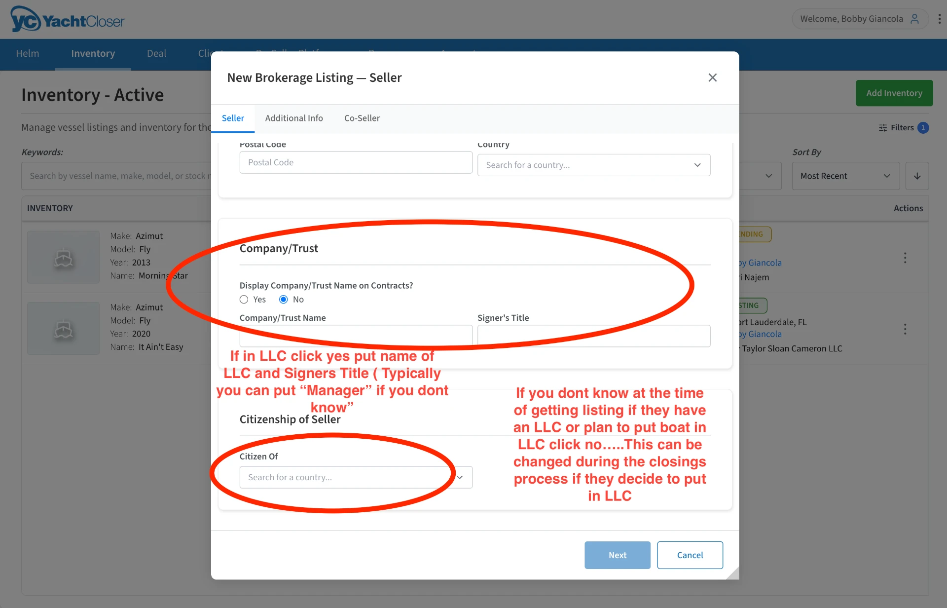 Seller tab Company/Trust and Citizenship of Seller sections