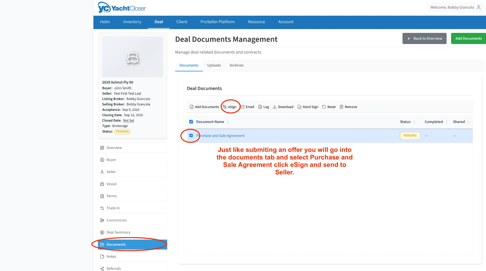 Documents list with the PSA in PENDING status and eSign highlighted