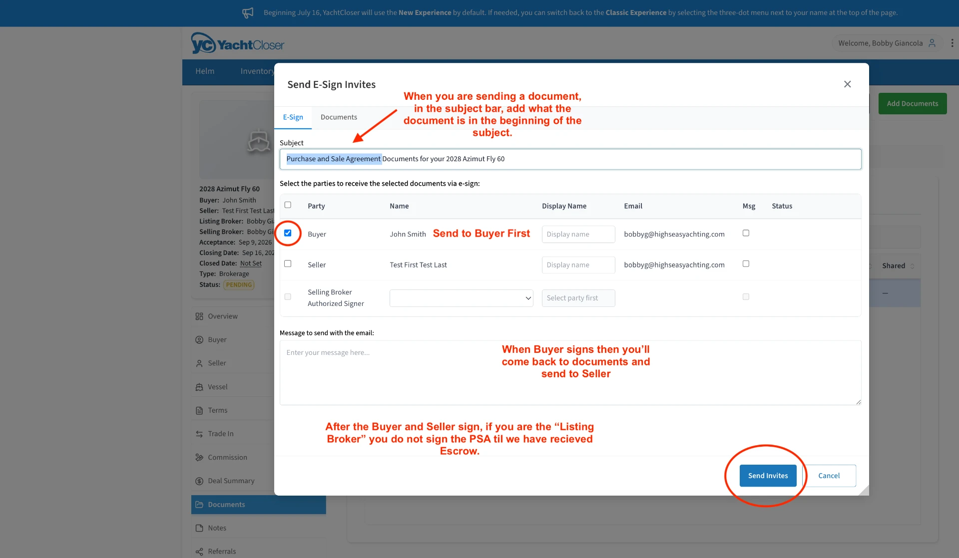 Send E-Sign Invites dialog with the buyer selected and the subject line annotated