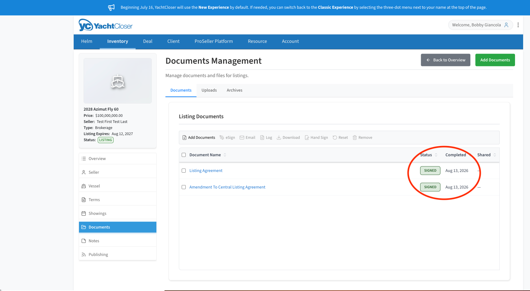 Documents Management showing both documents SIGNED and the listing status LISTING
