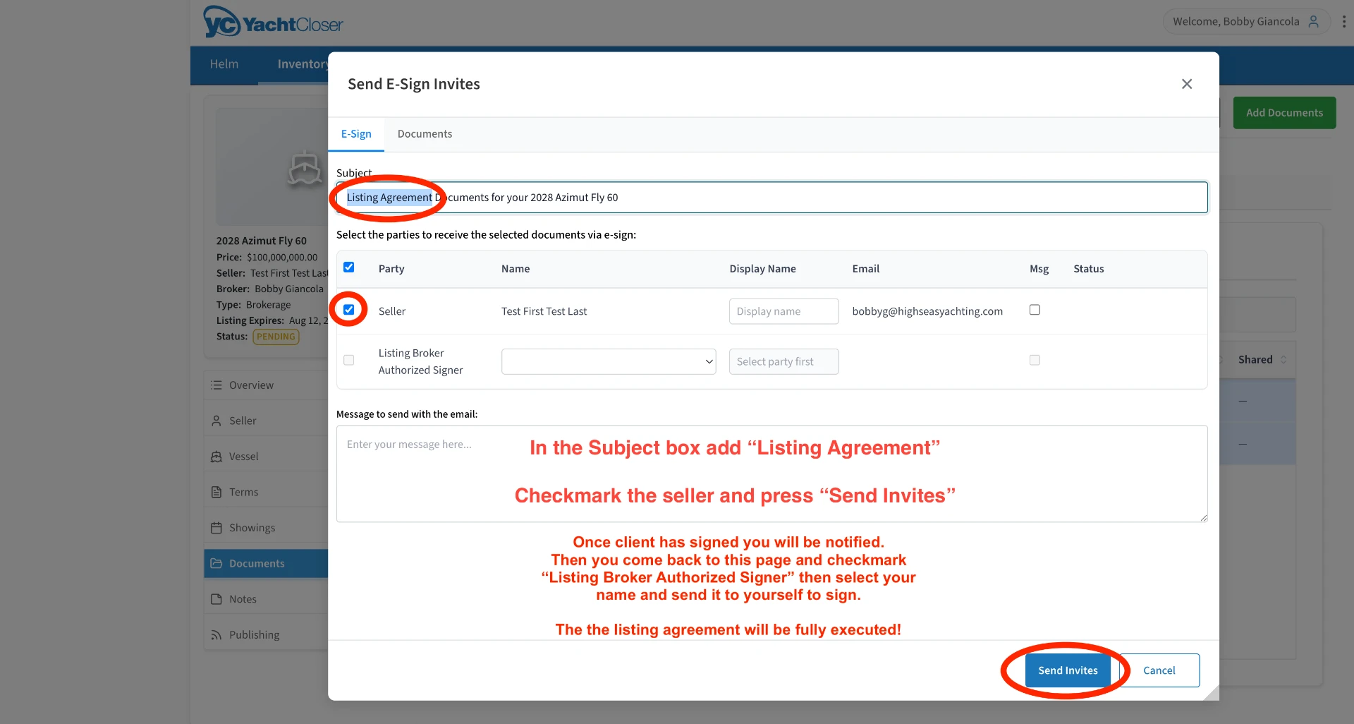 Send E-Sign Invites dialog with the seller checked and Send Invites highlighted