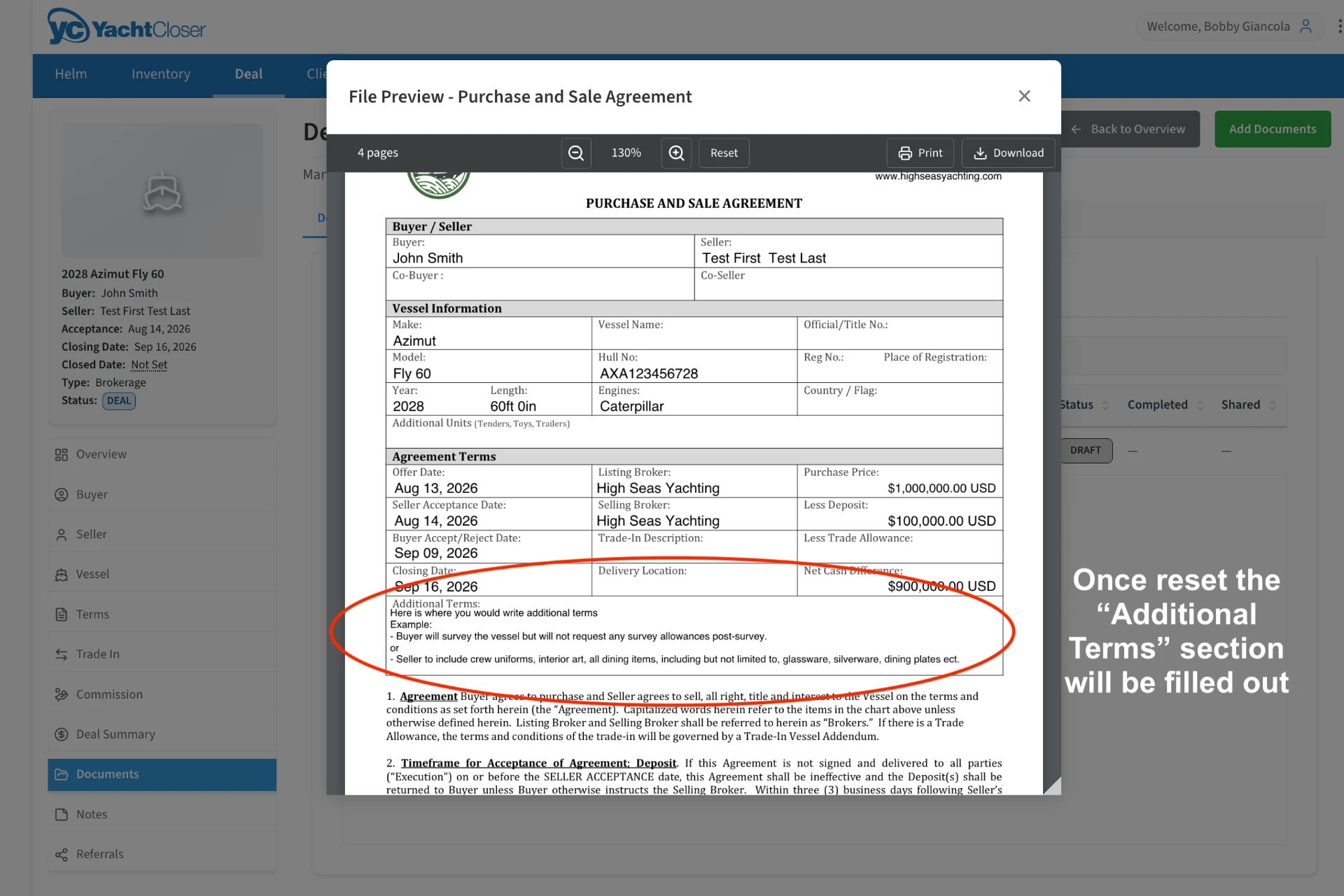 PSA file preview with the Additional Terms section circled