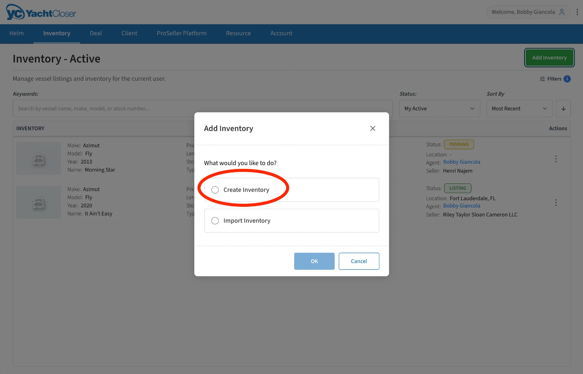Add Inventory dialog with Create Inventory selected