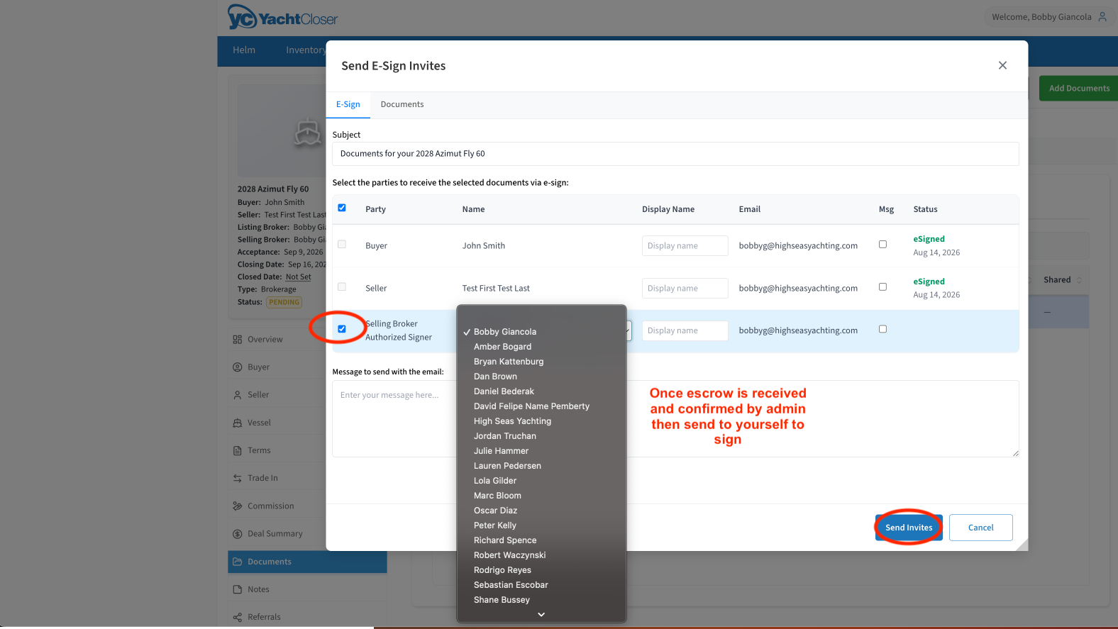 E-Sign dialog with the Selling Broker Authorized Signer dropdown open