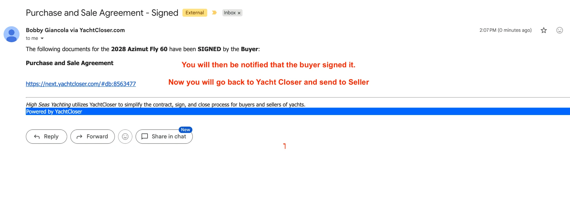 Email notifying that the Purchase and Sale Agreement has been signed by the buyer