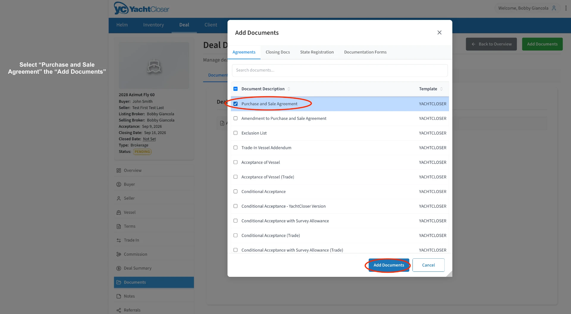 Add Documents dialog with Purchase and Sale Agreement checked