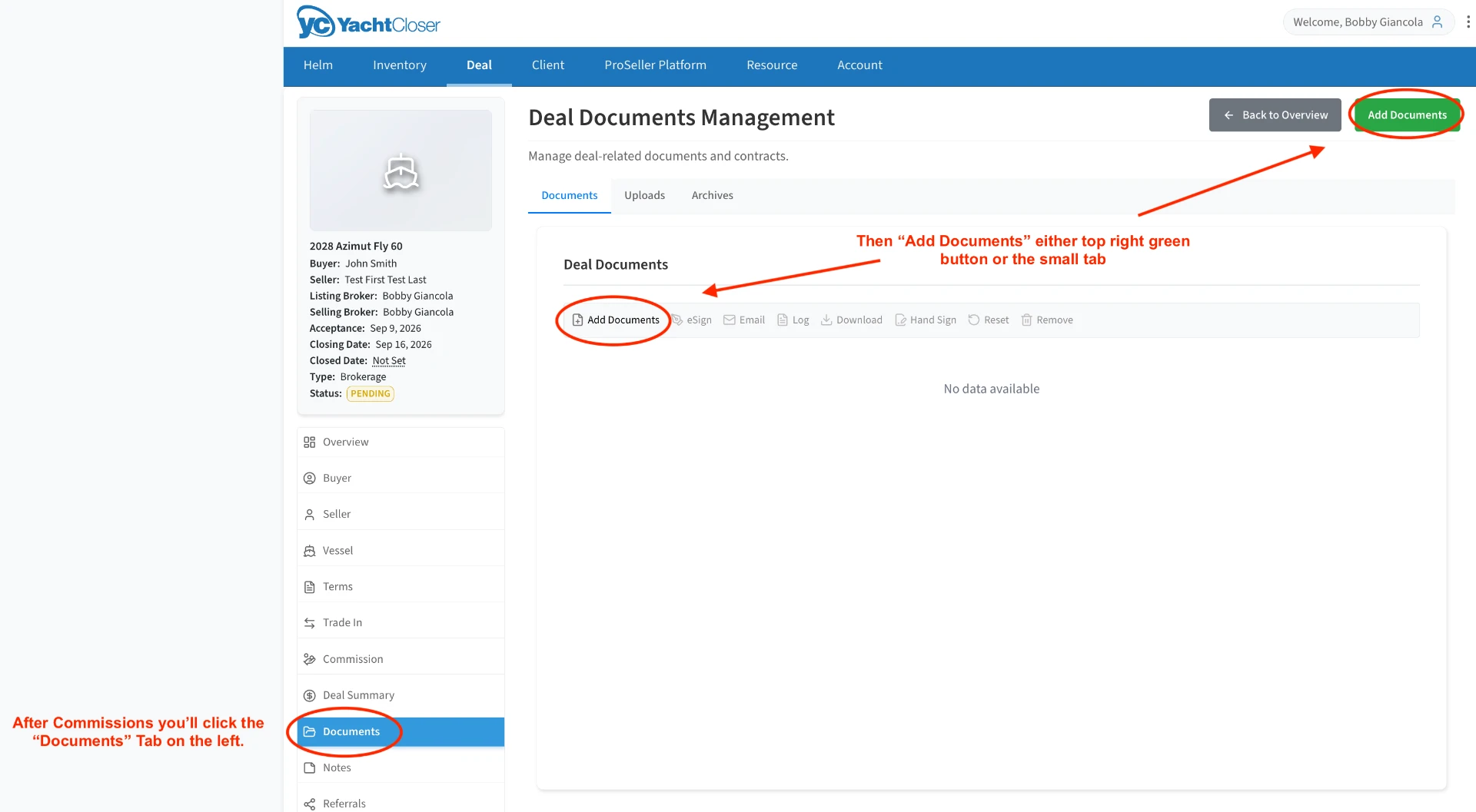 Deal Documents Management with Add Documents highlighted