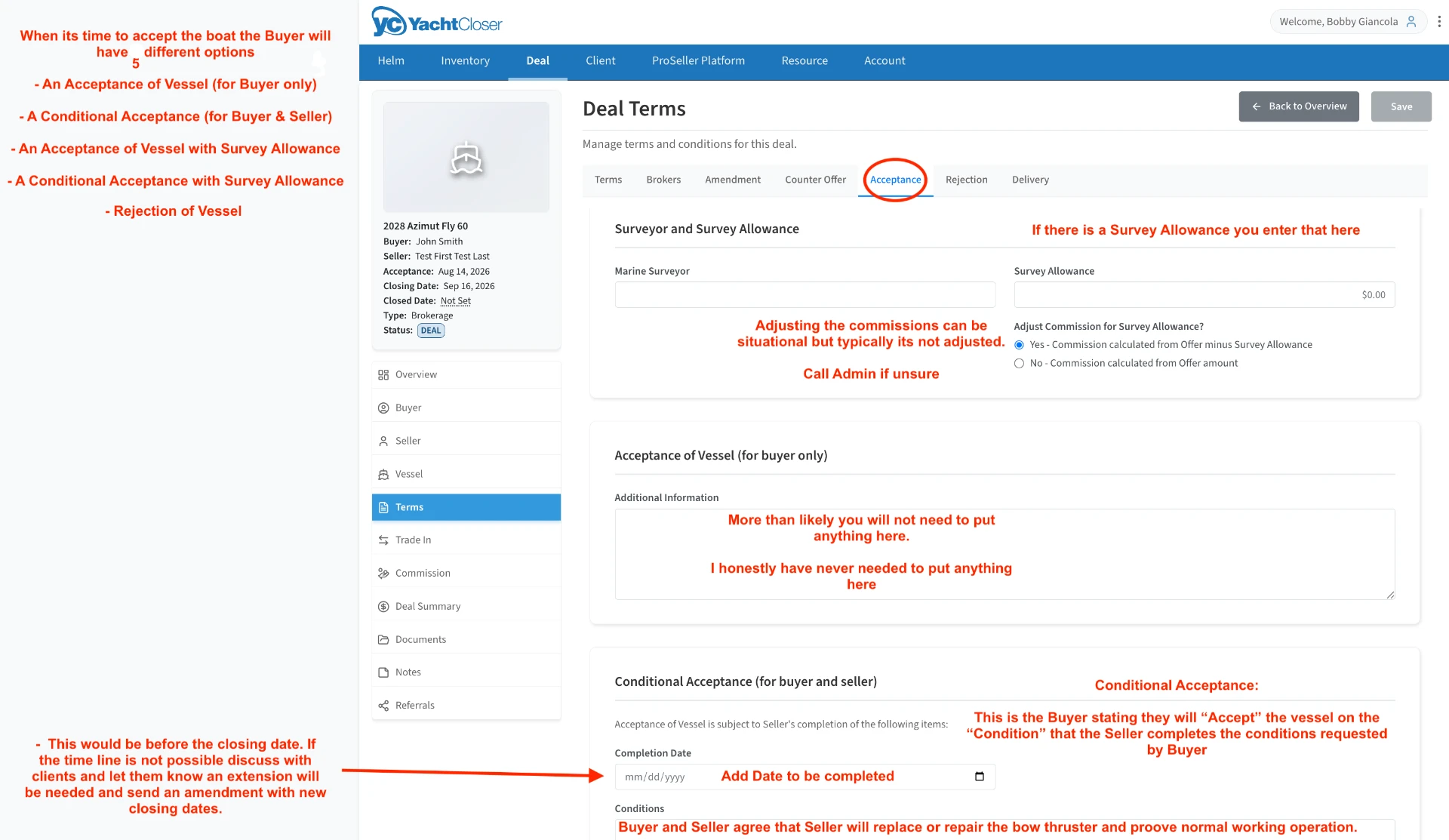 Deal Terms Acceptance tab showing surveyor, survey allowance, and conditional acceptance fields