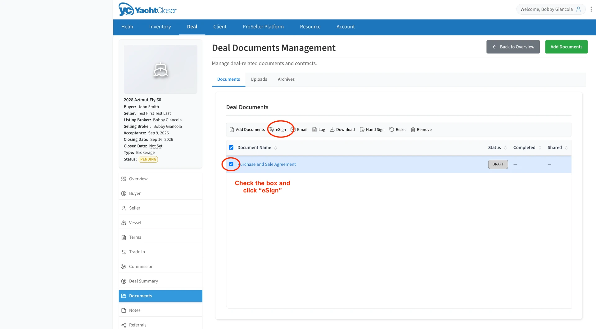 Deal Documents list with the PSA checked and eSign highlighted