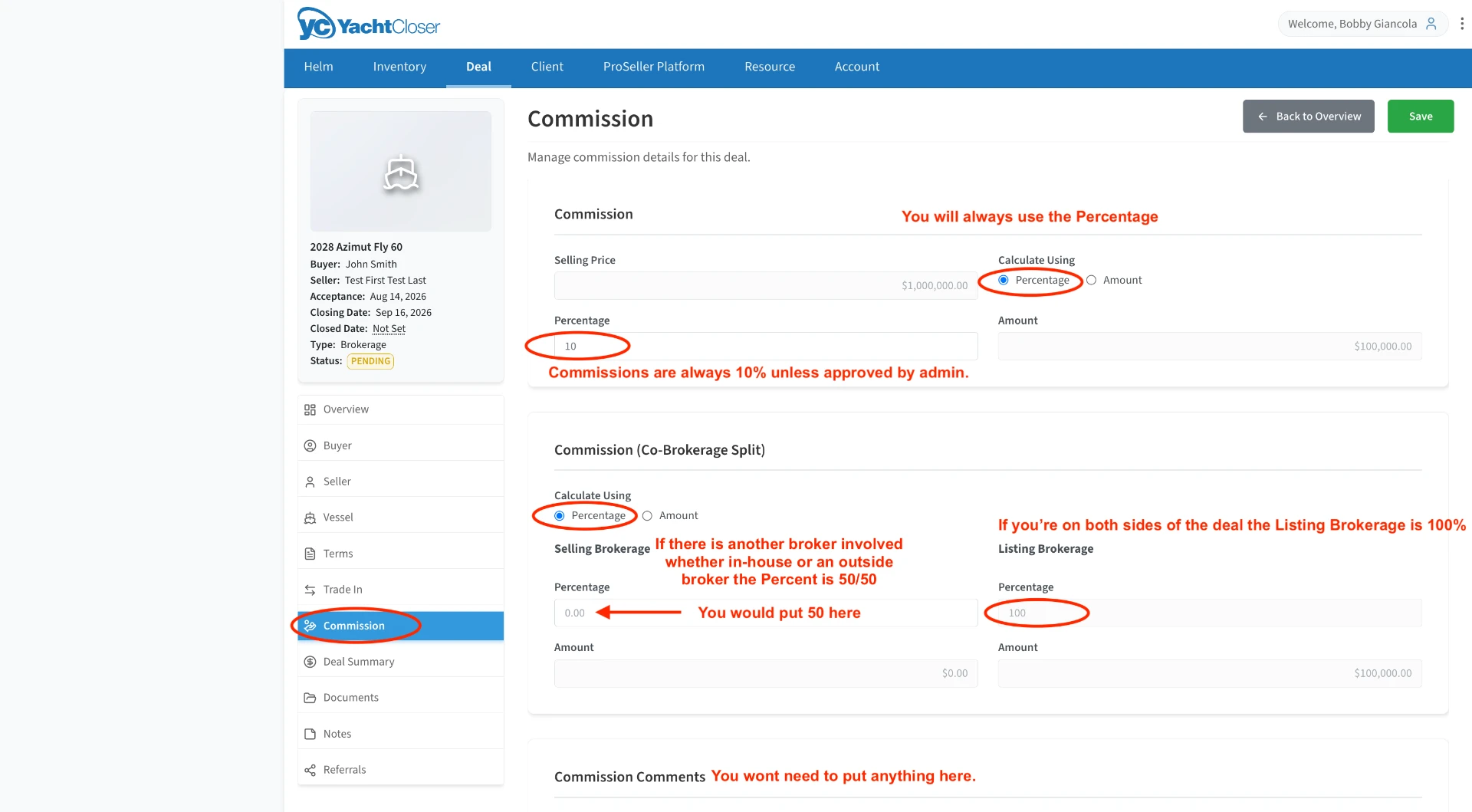 Commission page with percentage and co-brokerage split fields annotated