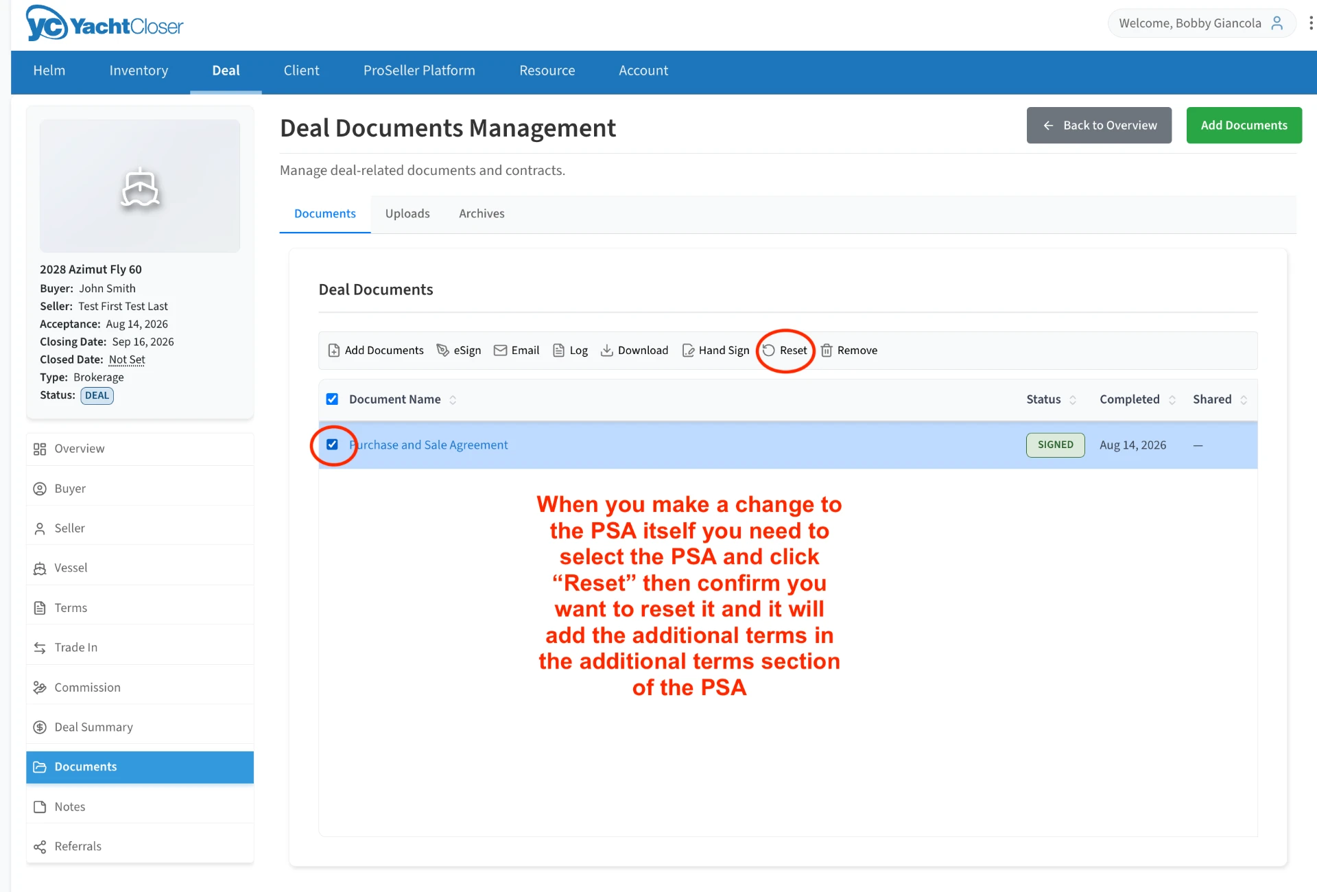 Documents list with the PSA selected and Reset highlighted