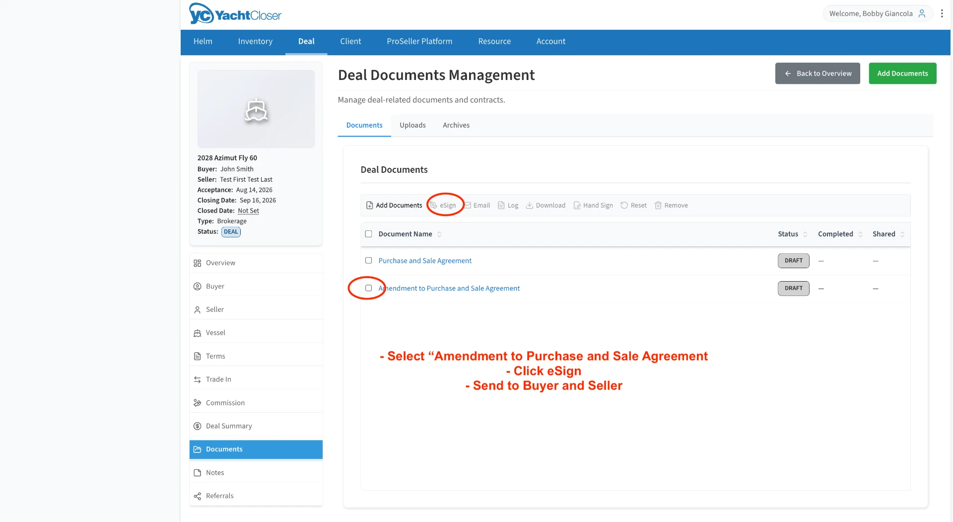 Documents list with the amendment selected and eSign highlighted
