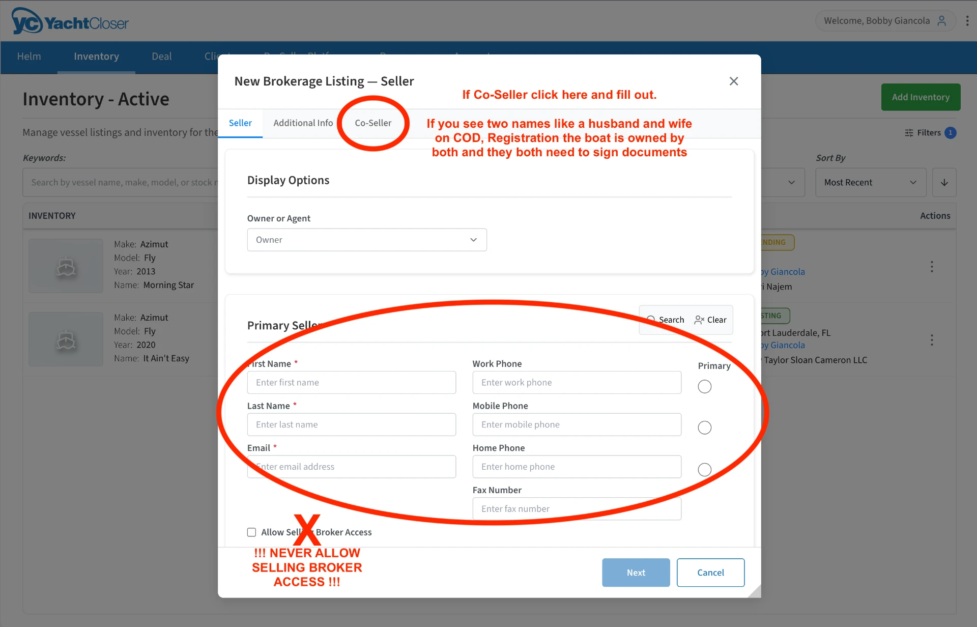 Seller tab showing the Co-Seller tab and the Allow Selling Broker Access checkbox marked with an X