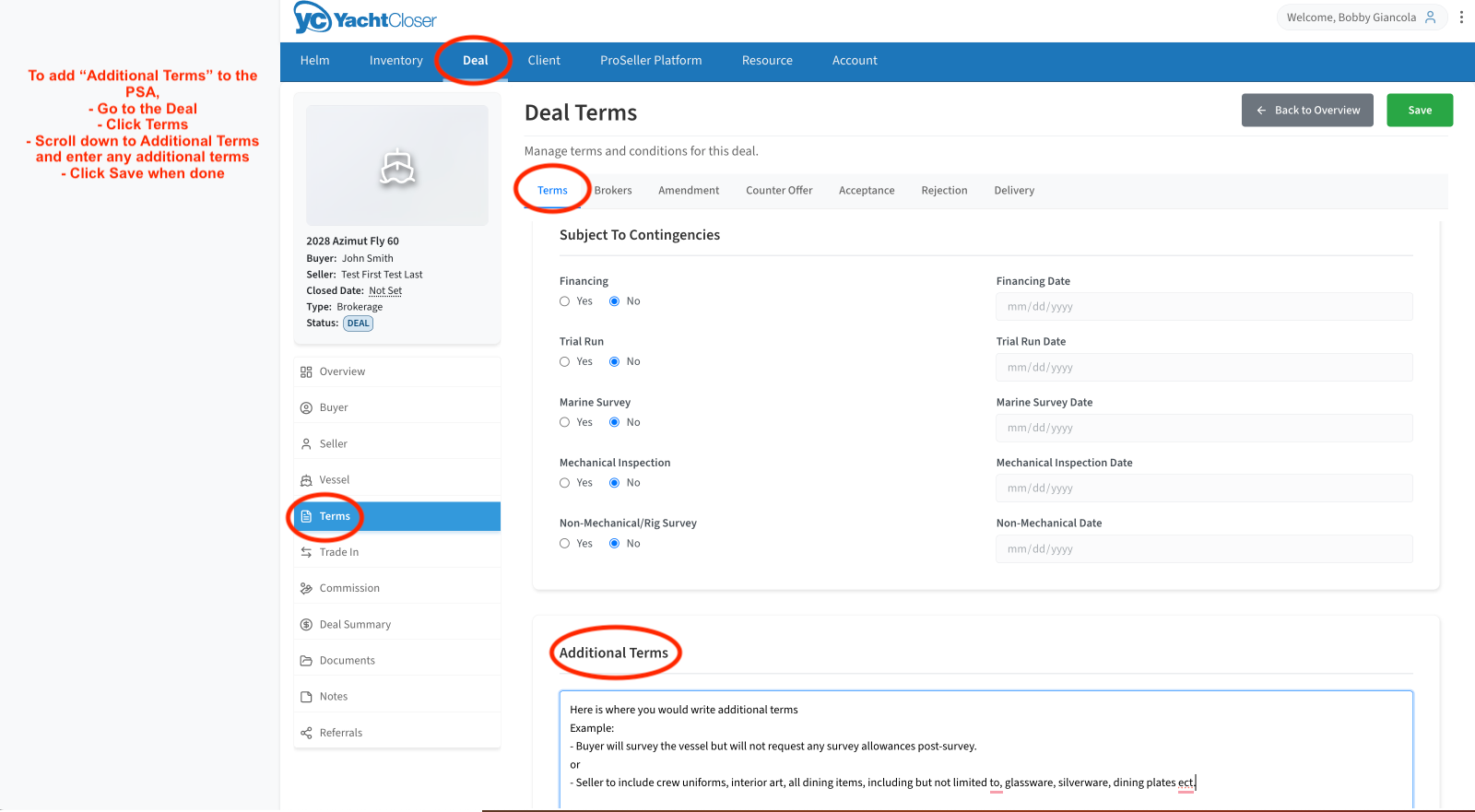 Deal Terms page with the Additional Terms box filled in
