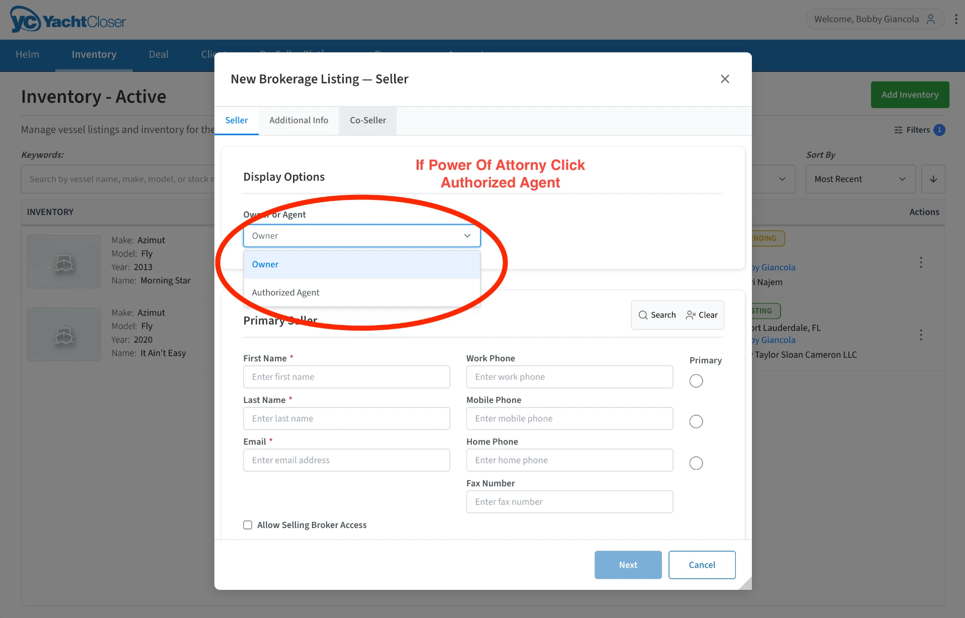 New Brokerage Listing Seller tab with the Owner or Agent dropdown open