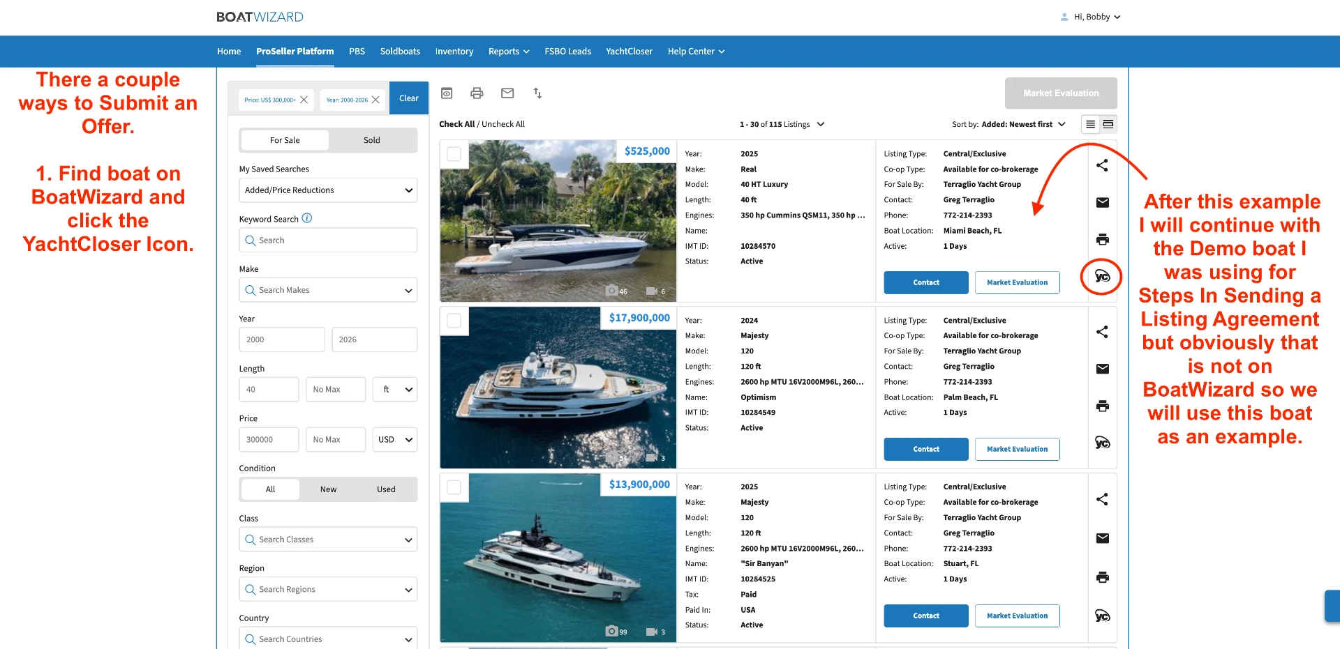 BoatWizard search results with the YachtCloser icon highlighted on a listing