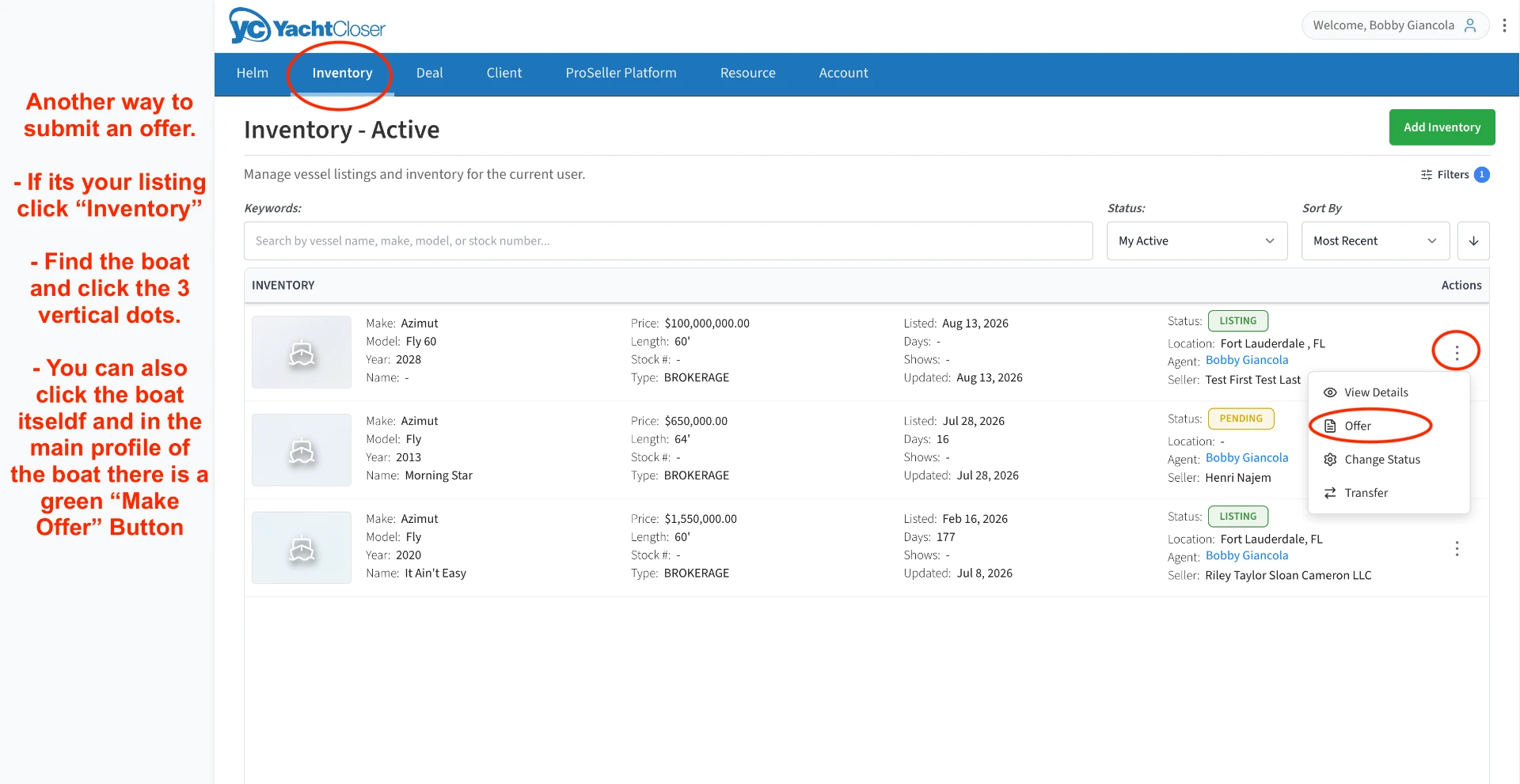 Inventory Active list with the three-dot actions menu open and Offer highlighted