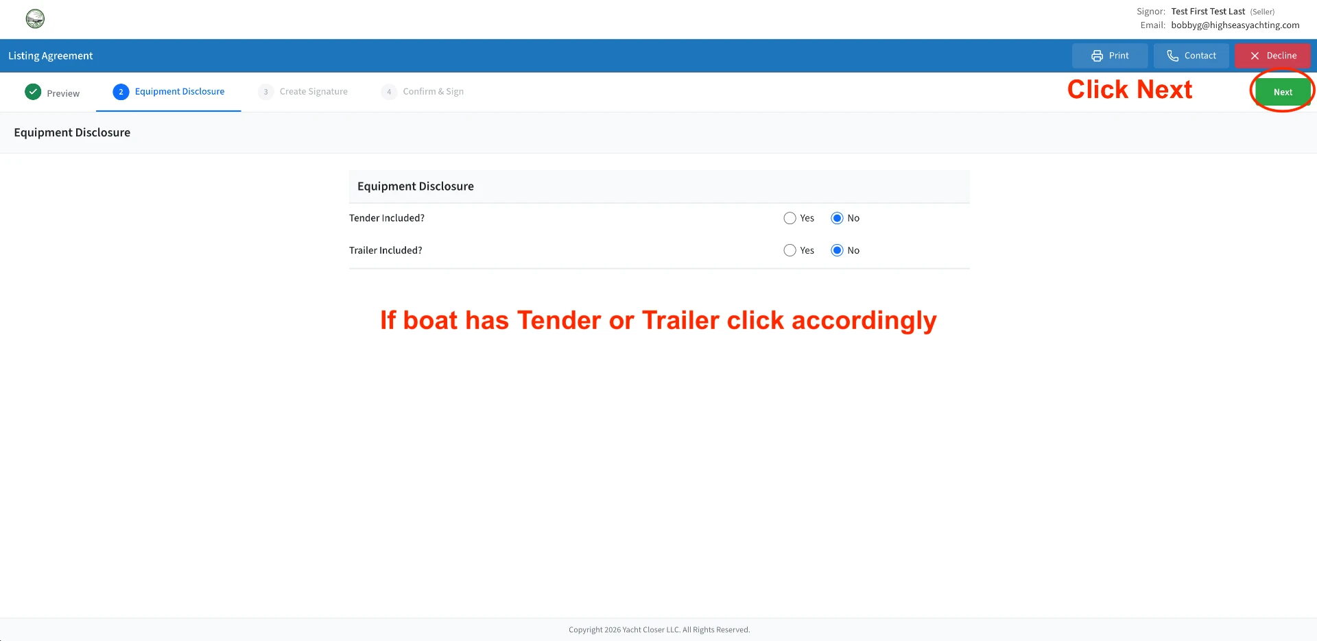 Signing step 2 Equipment Disclosure with tender and trailer questions