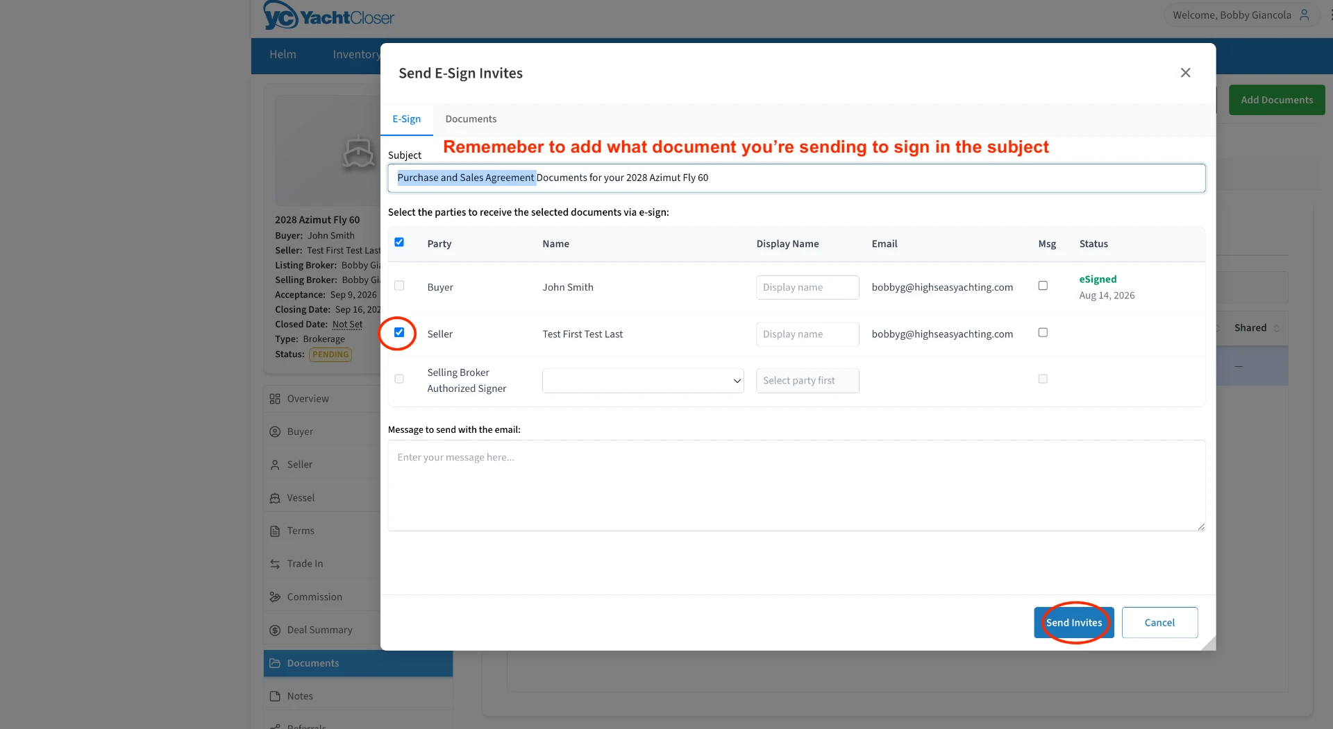 E-Sign dialog showing the buyer eSigned and the seller selected to send