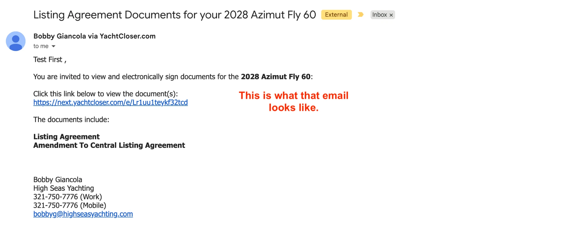 Opened e-sign email showing the signing link and document list