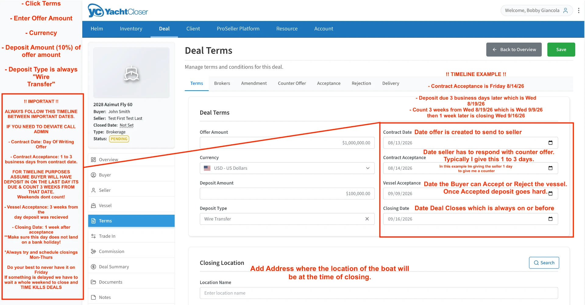 Deal Terms page with offer amount, deposit, and the four contract dates annotated