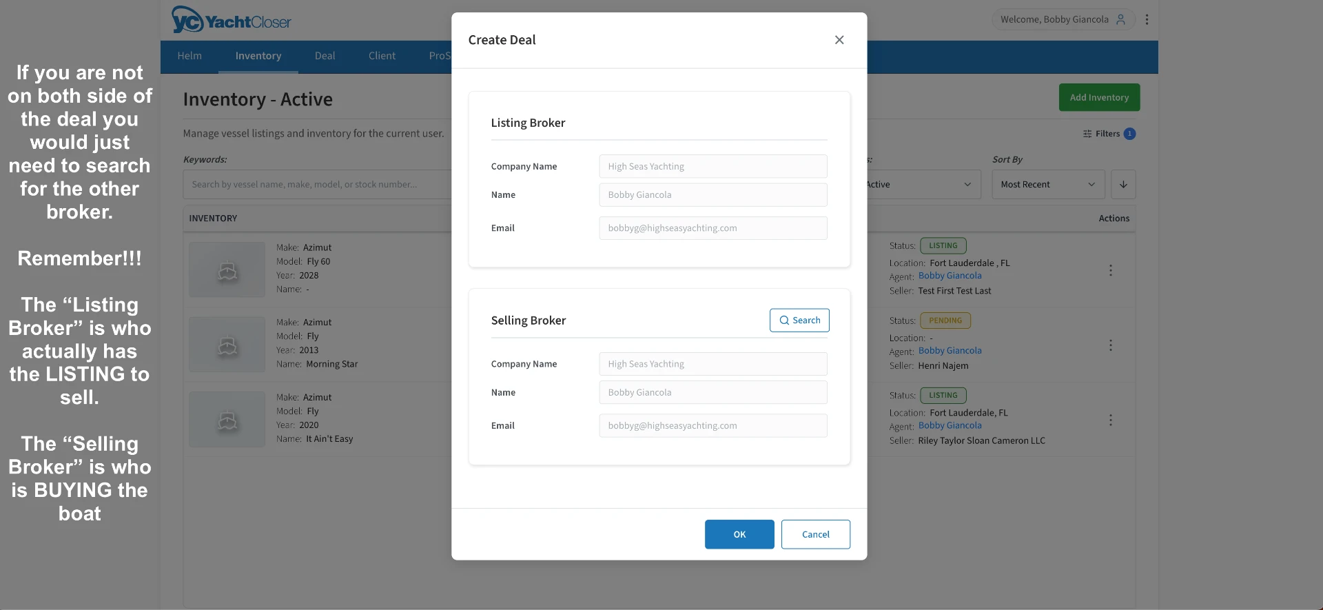 Create Deal dialog with Listing Broker and Selling Broker sections