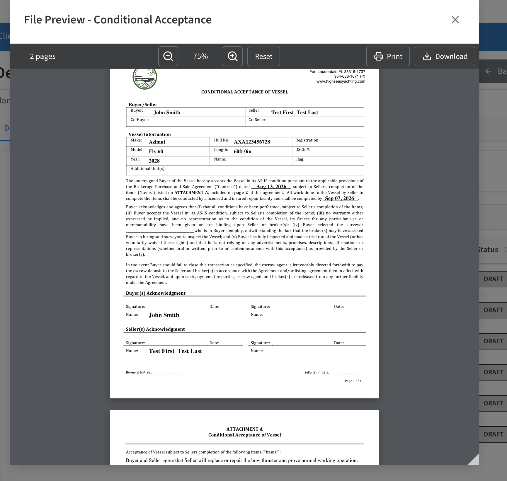 Conditional Acceptance file preview with Attachment A conditions